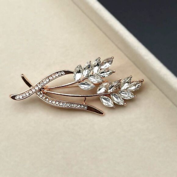 Rose Gold with White Diamond Crystal Wheat Ear Plant Bouquet Pin Back Brooch - Picture 5 of 8